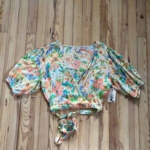 Billabong Women Floral Wrap CropTop Short Sleeve Tie Waist Beach Resort Colorful